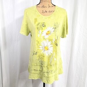 Jess & Jane Womens M T Shirt Floral Daisy Green Layered Hem Short Sleeve Boho